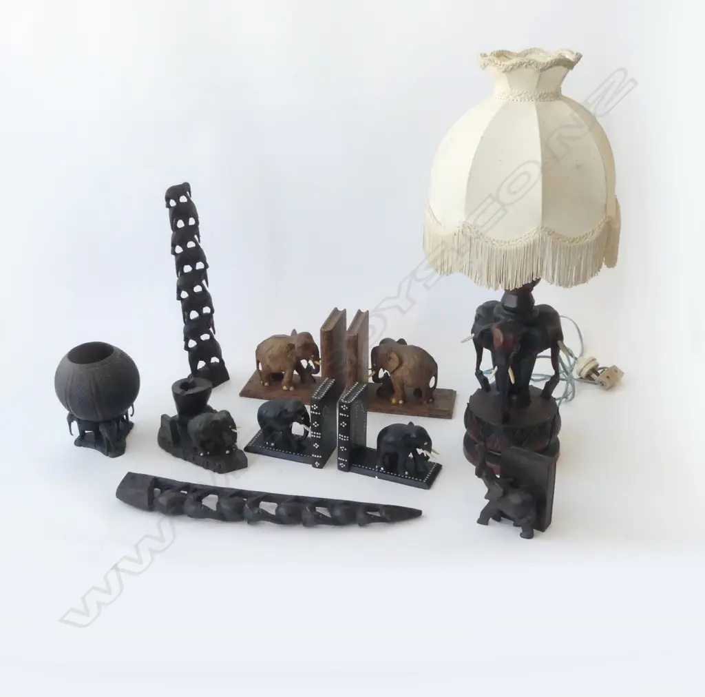 COLLECTION OF 8 ELEPHANT WOOD CARVED PCS LAMP BOOKENDS ETC Image 1++