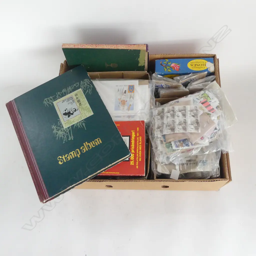 BOX STAMP COLLECTION includes 2 albums & bulk used on paper etc Image 1++