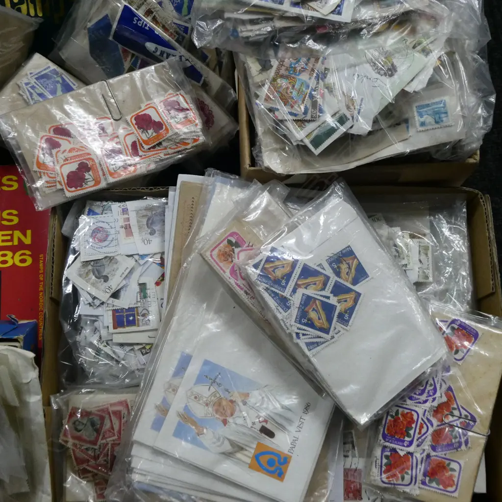 BOX STAMP COLLECTION includes 2 albums & bulk used on paper etc Image 1++