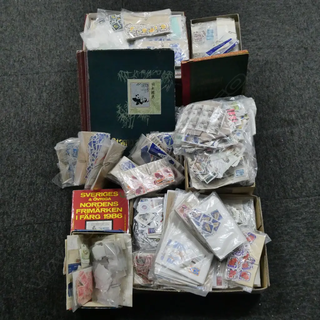BOX STAMP COLLECTION includes 2 albums & bulk used on paper etc Image 1++