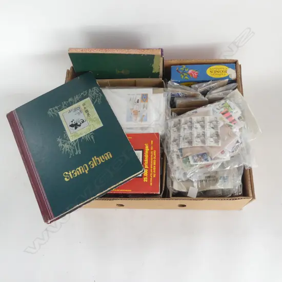 BOX STAMP COLLECTION includes 2 albums & bulk used on paper etc