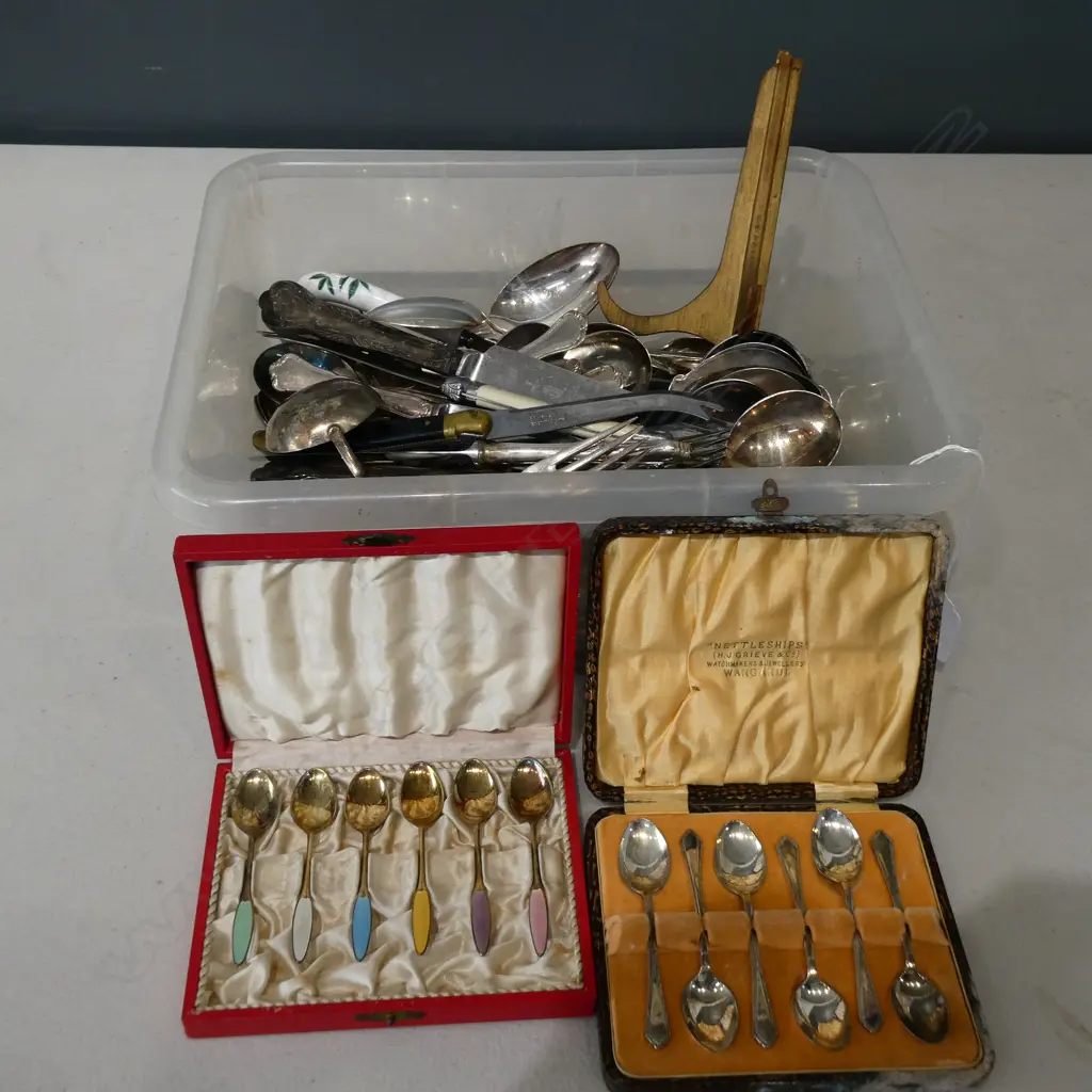 ASST. EP CUTLERY ETC, MOSTLY DANISH + SET 6 SILVER GILT & ENAMEL TEASPOONS, CASED Image 1++