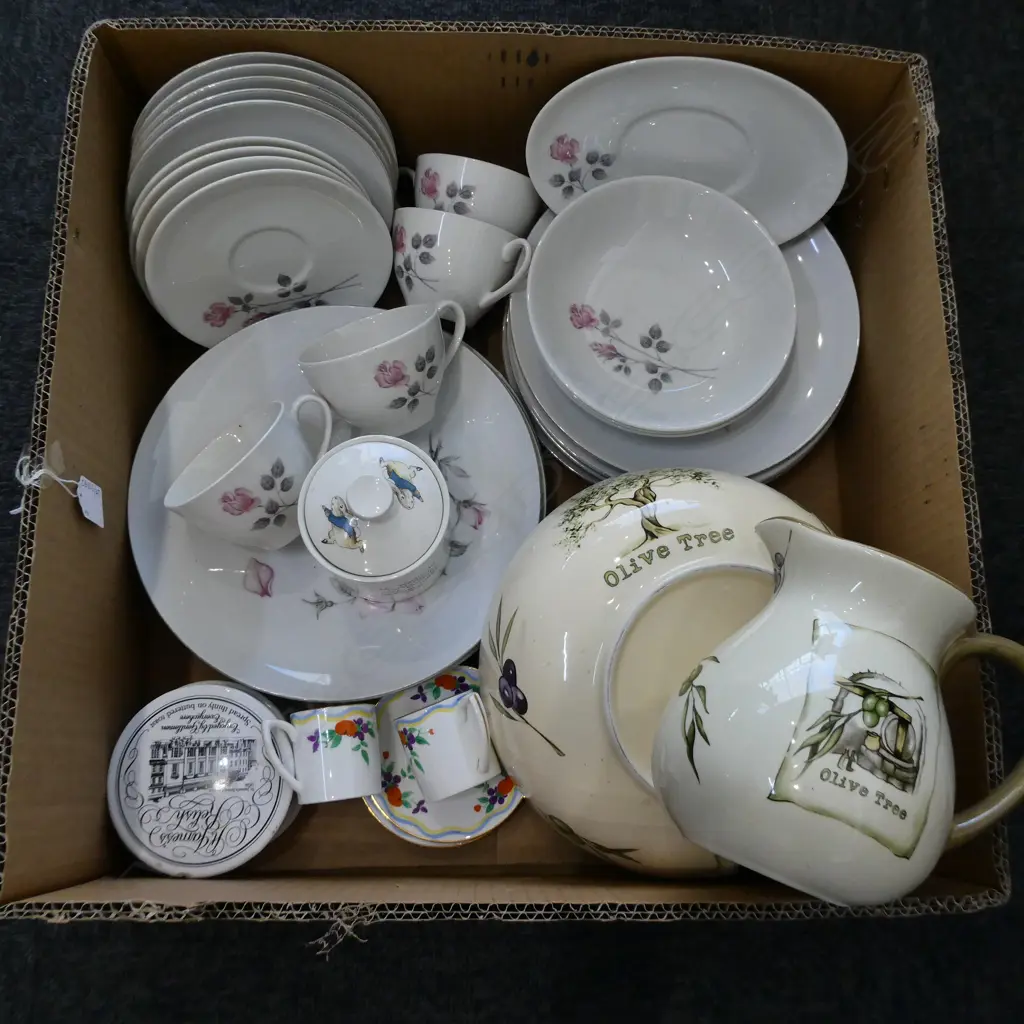 ROYAL DOULTON PILLAR ROSE PART DINNER SET, WEDGWOOD PETER RABBIT JAR, OLIVES JUG & BASIN Image 1++