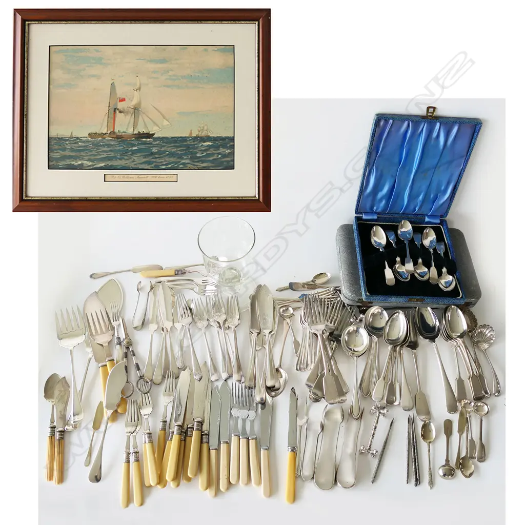 ASST EP CUTLERY, INC. FISH, SERVERS, TONGS, IVORINE HANDLES + GEORGIAN-STYLE GLASS RUMMER & SHIP PRINT Image 1++