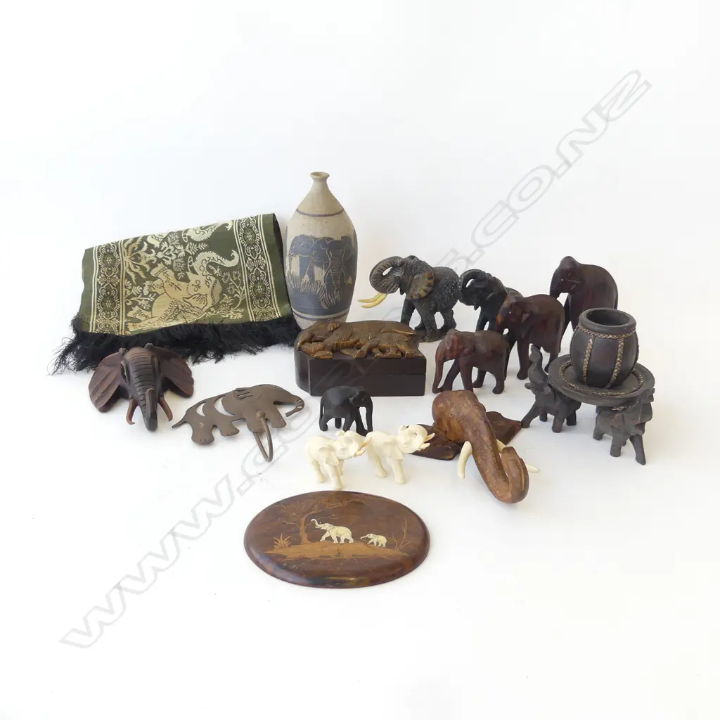 COLLECTION OF 16 ELEPHANT RELATED CARVINGS POTTERY CLOTH ETC Image 1++