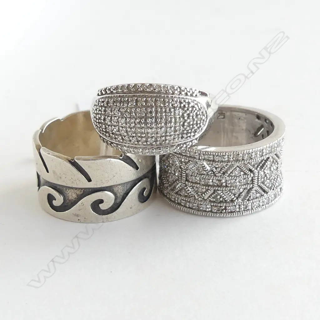 THREE SILVER RINGS: TWO SET WITH DIAMONDS  ( I STONE MISSING) SIZE O TO P & S Image 1++