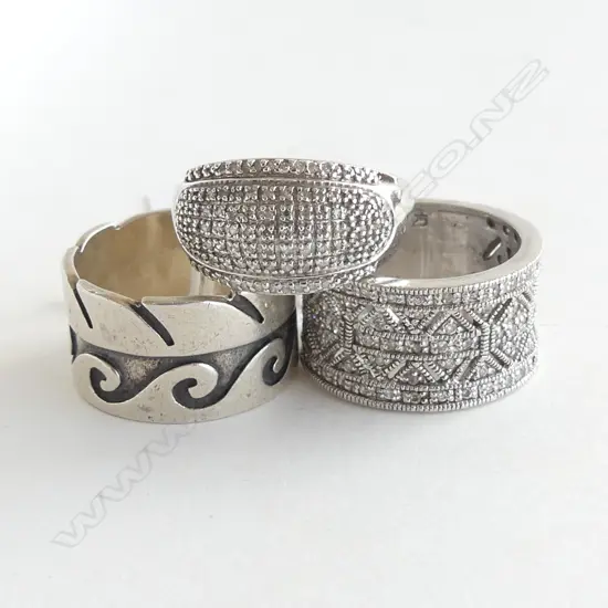 THREE SILVER RINGS: TWO SET WITH DIAMONDS  ( I STONE MISSING) SIZE O TO P & S
