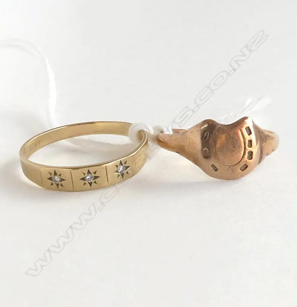9ct Y/G BAND WITH DIAMONDS SIZE P & 9CT ROSE GOLD SIGNET RING SIZE N 3.05gms Image 1++