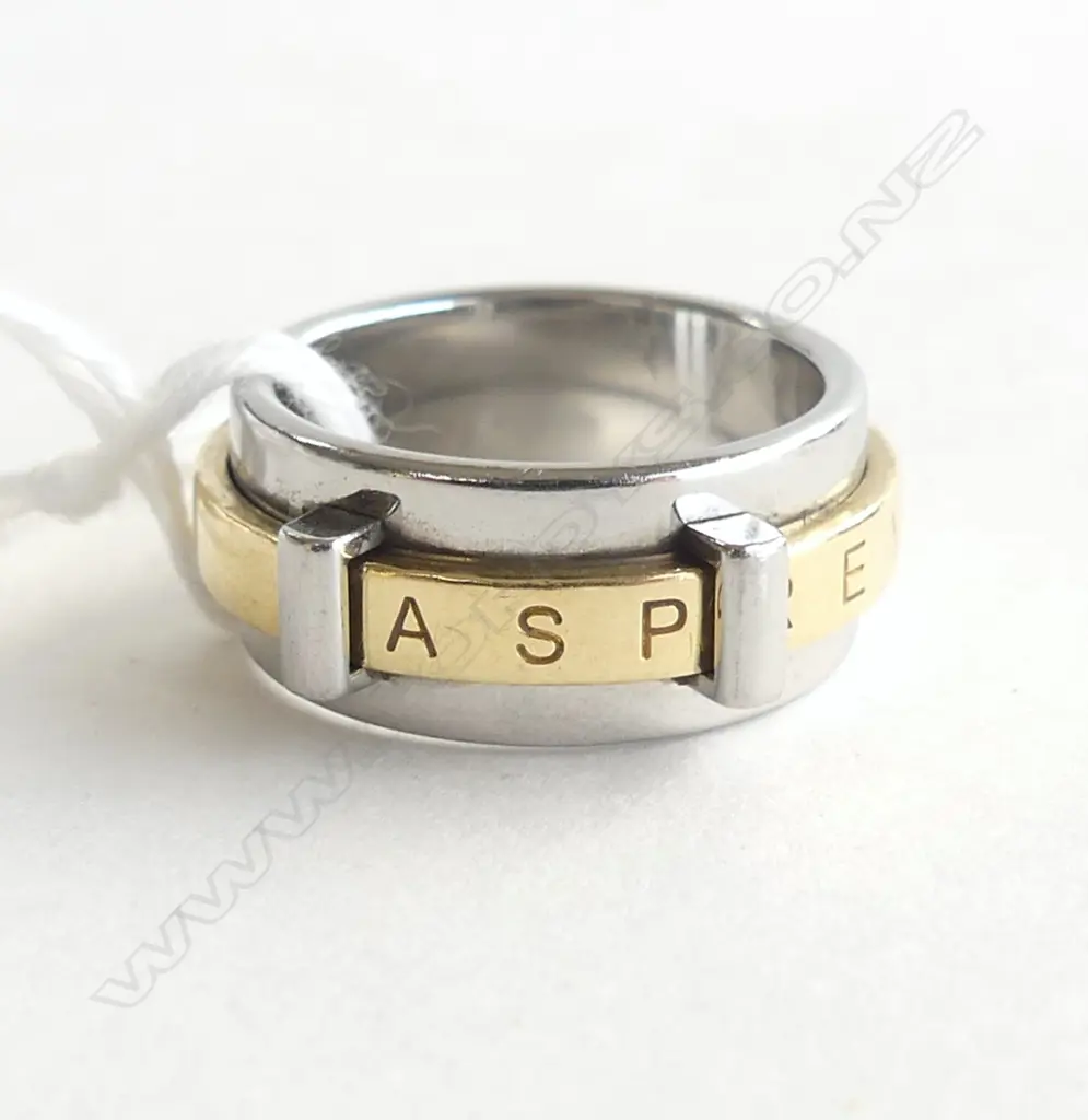 ASPREY 18CT Y/GOLD & STEEL RING BOXED & packaging 7.4gm SIZE J Image 1++
