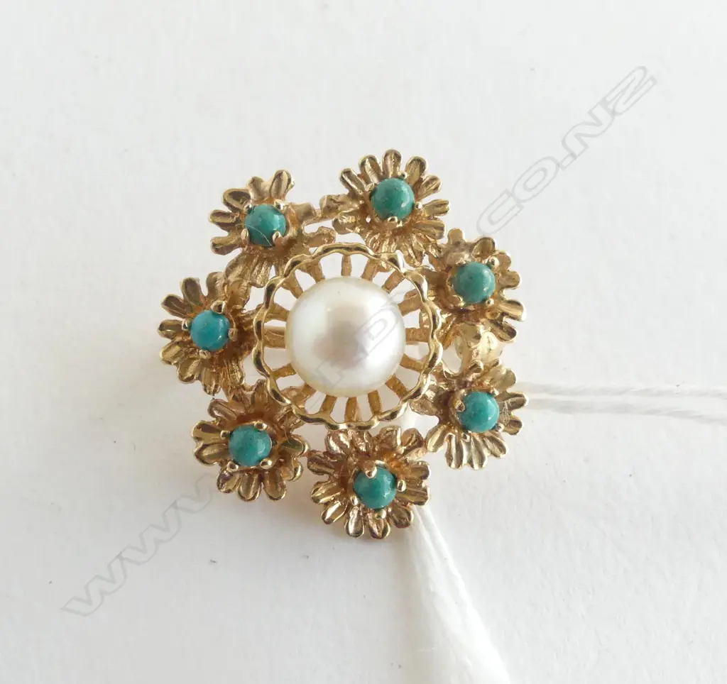14ct GOLD PEARL & TURQUOISE BROOCH D.20mm 4.8gms Image 1++