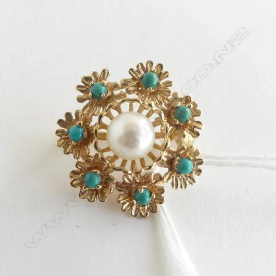 14ct GOLD PEARL & TURQUOISE BROOCH D.20mm 4.8gms