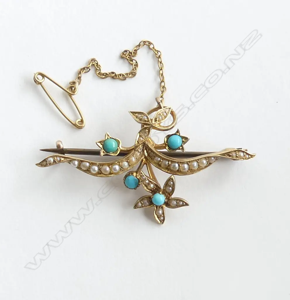 14ct ANTIQUE PEARL & TURQUOISE BROOCH 3.9gm Image 1++