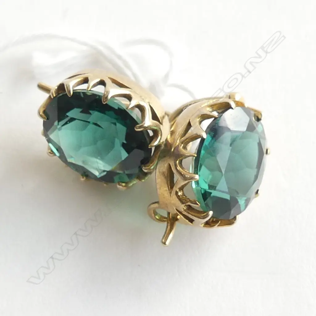 9CT GOLD AND SYNTHETIC TOURMALINE EARRINGS Image 1++