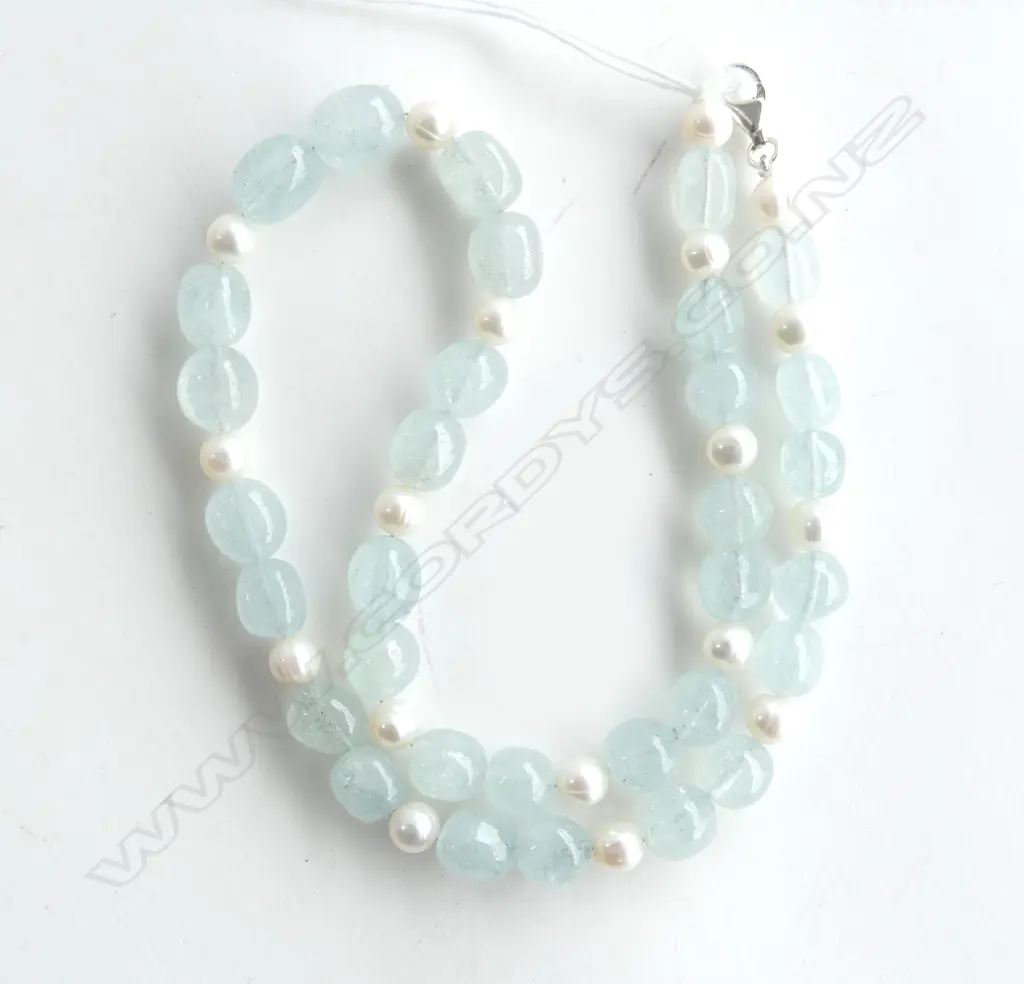 AQUAMARINE & PEARL SILVER CLASPED NECKLACE Image 1++