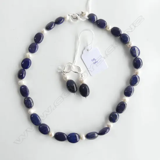SET BLUE JADE & PEARL SILVER CLASPED NECKLACE & EARRINGS