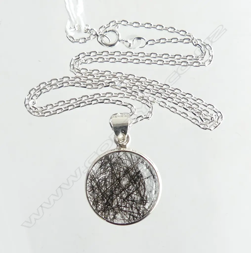 SILVER SET BLACK RUTILE PENDANT & SILVER CHAIN Image 1++