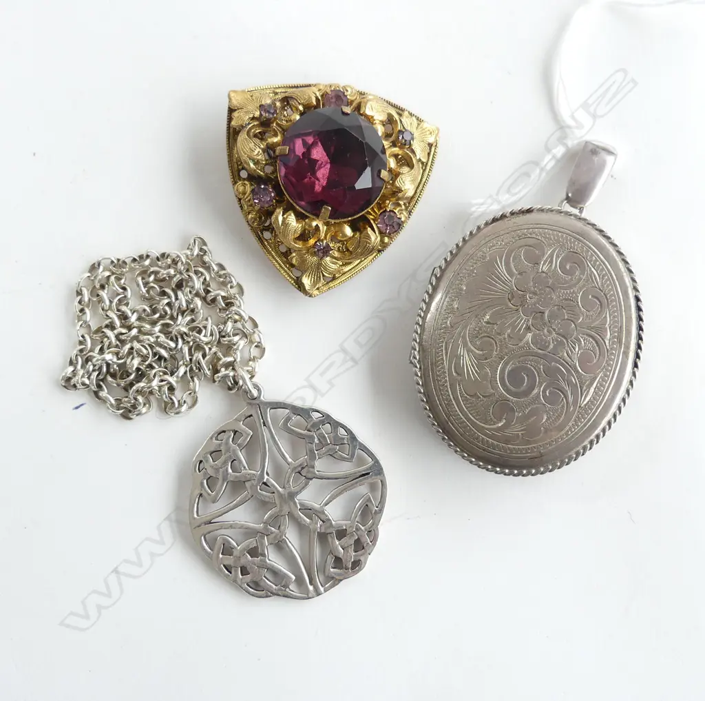 STG LOCKET & CELTIC PENDANT NECKLACE 48.8gms + BROOCH Image 1++