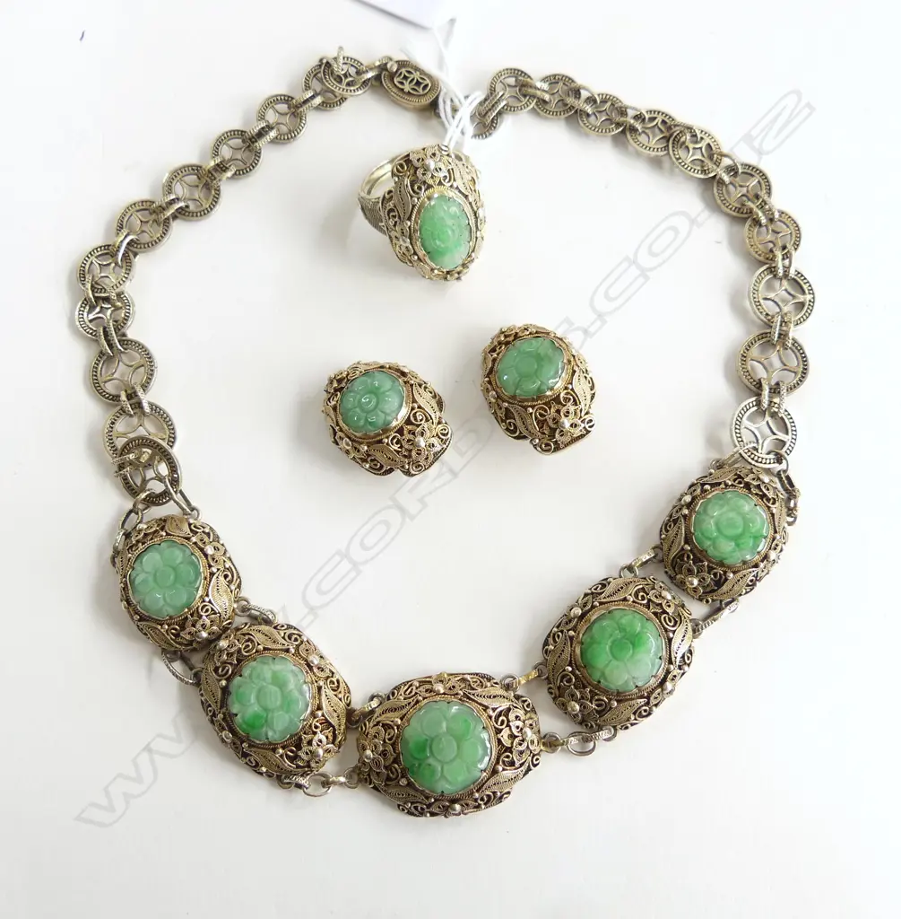 OLD CHINESE SILVER GILT & CARVED JADE NECKLACE EARRING & RING SET early 20thC  Image 1++