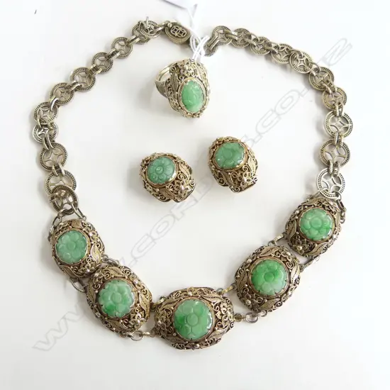 OLD CHINESE SILVER GILT & CARVED JADE NECKLACE EARRING & RING SET early 20thC 