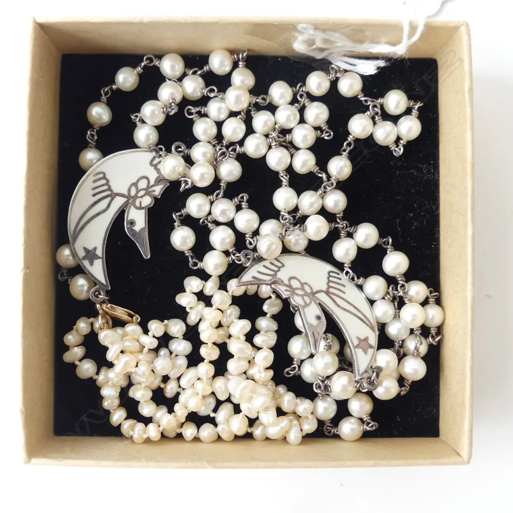 2 NECKLACES; SILVER & CULTURED PEARL + SEED PEARLS w. 18CT CLASP Image 1++