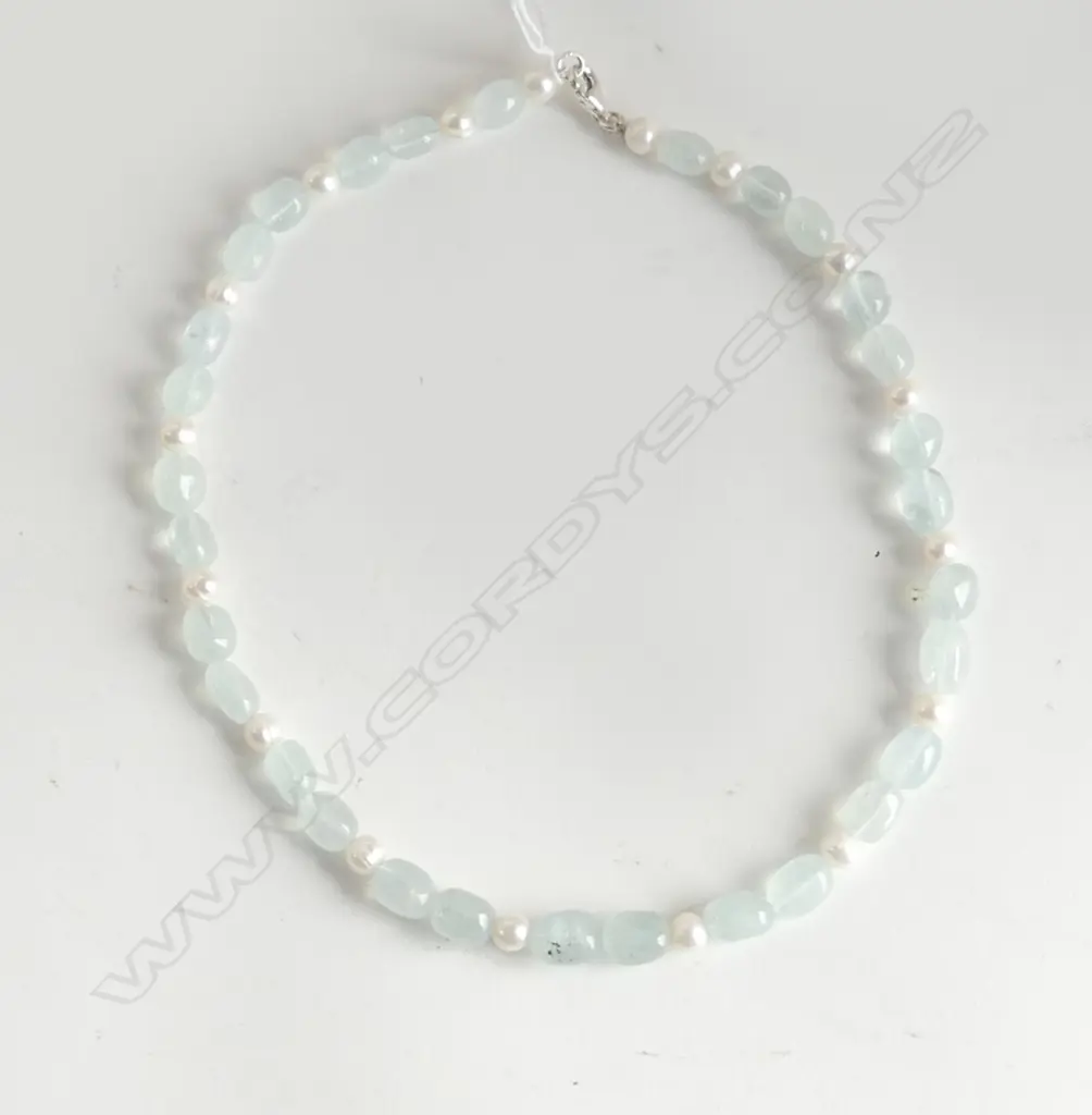 AQUAMARINE & PEARL NECKLACE w SILVER CLASP Image 1++