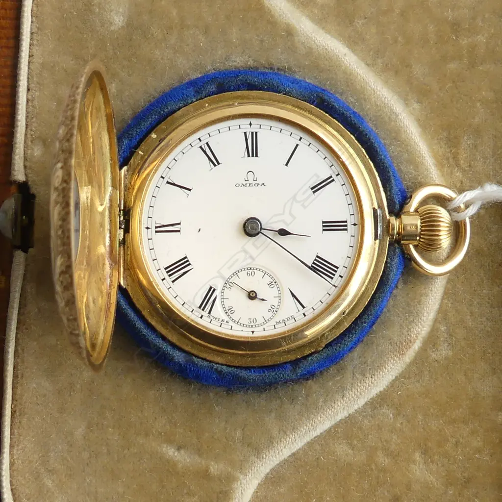 c1900 18ct GOLD OMEGA  POCKET WATCH  mid-size running 33gms in BOX Note: has wristwatch mountings removed from sides Image 1++