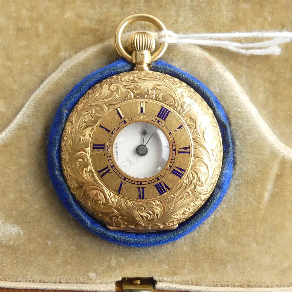 c1900 18ct GOLD OMEGA  POCKET WATCH  mid-size running 33gms in BOX Note: has wristwatch mountings removed from sides Image 1++