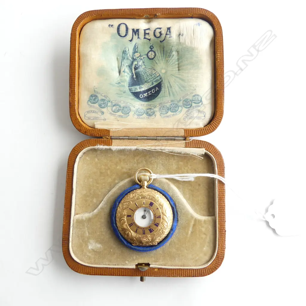 c1900 18ct GOLD OMEGA  POCKET WATCH  mid-size running 33gms in BOX Note: has wristwatch mountings removed from sides Image 1++