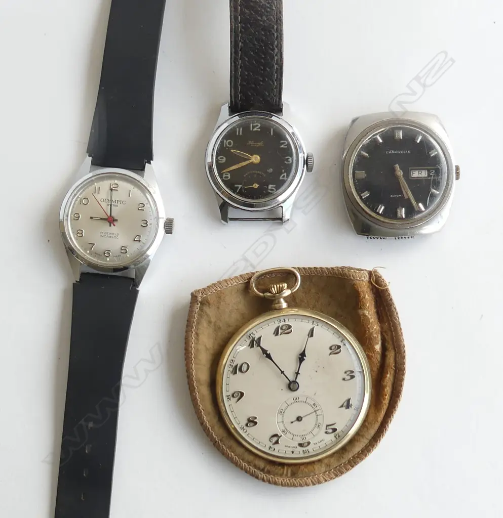 4 GENT'S WATCHES: 3 WRIST WATCHES Cravelle etc + gold plate pocket watch  Image 1++