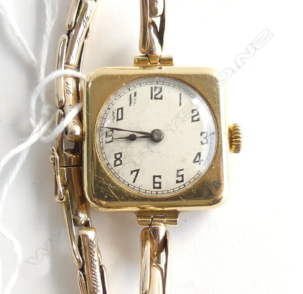 18ct YELLOW GOLD 1920'S LADIES ART DECO WRISTWATCH square case 9ct strap running 23.3gms Image 1++
