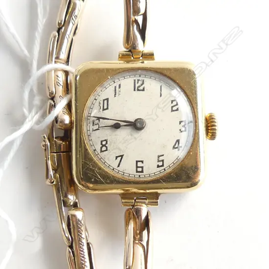 18ct YELLOW GOLD 1920'S LADIES ART DECO WRISTWATCH square case 9ct strap running 23.3gms