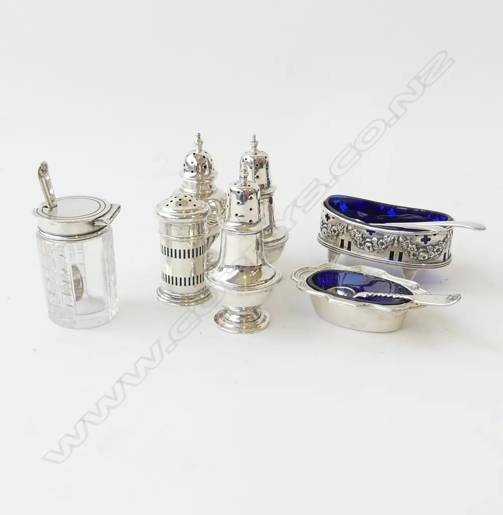 7 STG SILVER CONDIMENTS 120gms + plated spoons. Liners are blue glass Image 1++