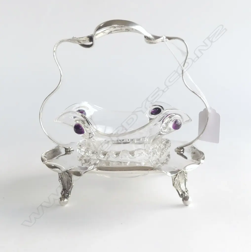 *RTV* ART NOUVEAU HAND BLOWN GLASS & SILVER PLATE PRESERVE DISH IN STAND peacock purple highlights Image 1++