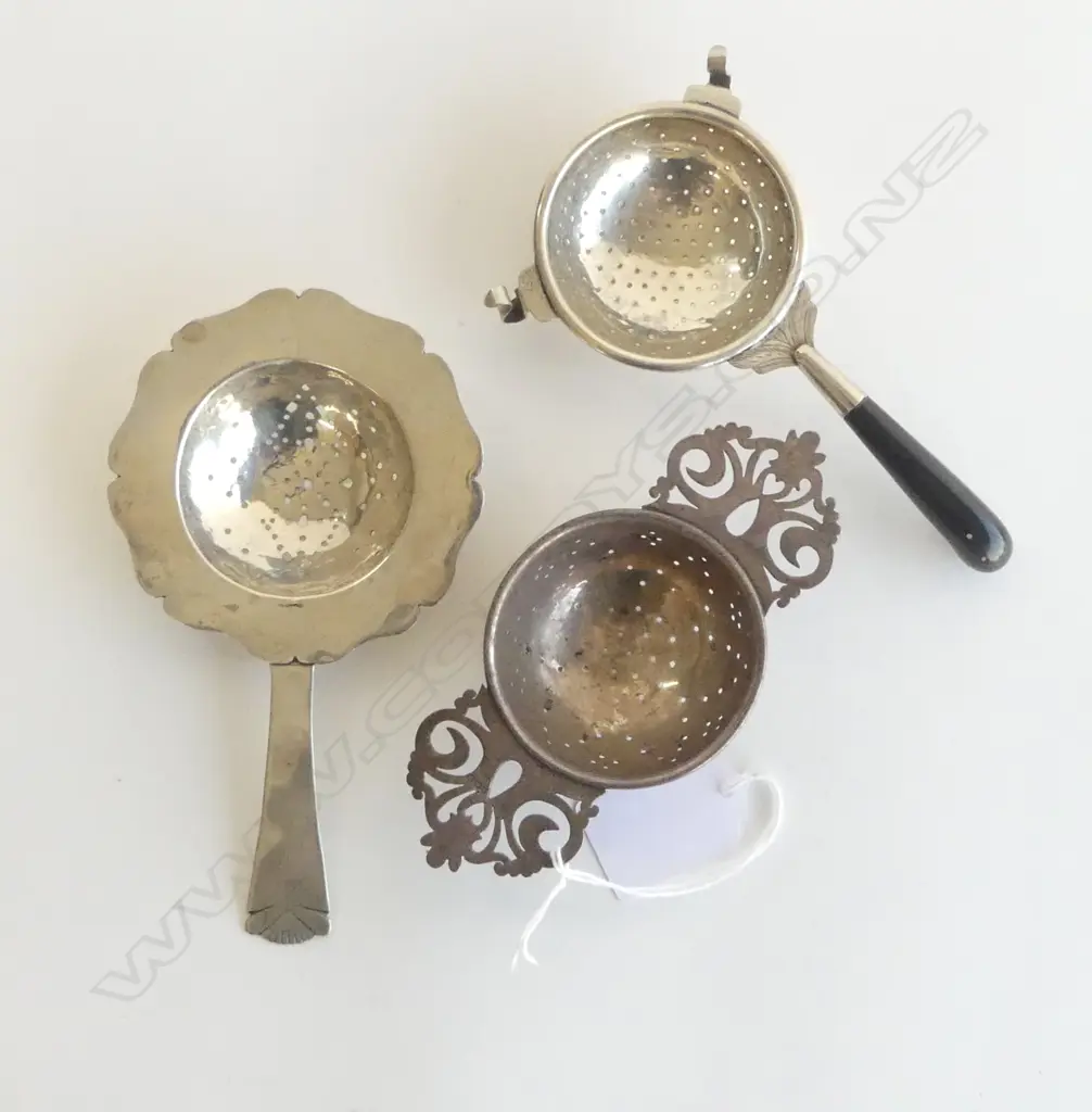 3 SILVER TEA STRAINERS (2 HALLMARKED, 1 UNSURE NOT WEIGHED) 67gms Image 1++