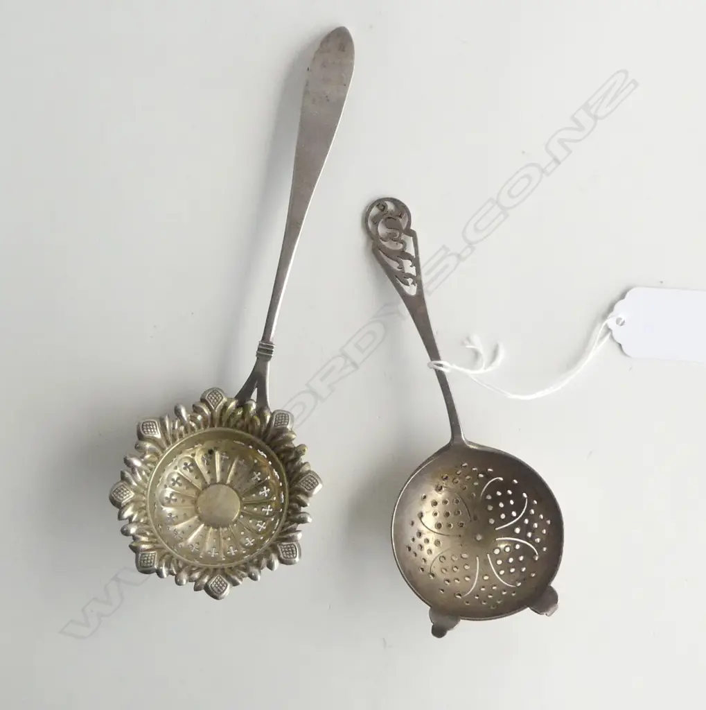 2 SILVER TEA STRAINERS, 1 STG, 1 EURO MARKS 77gms Image 1++