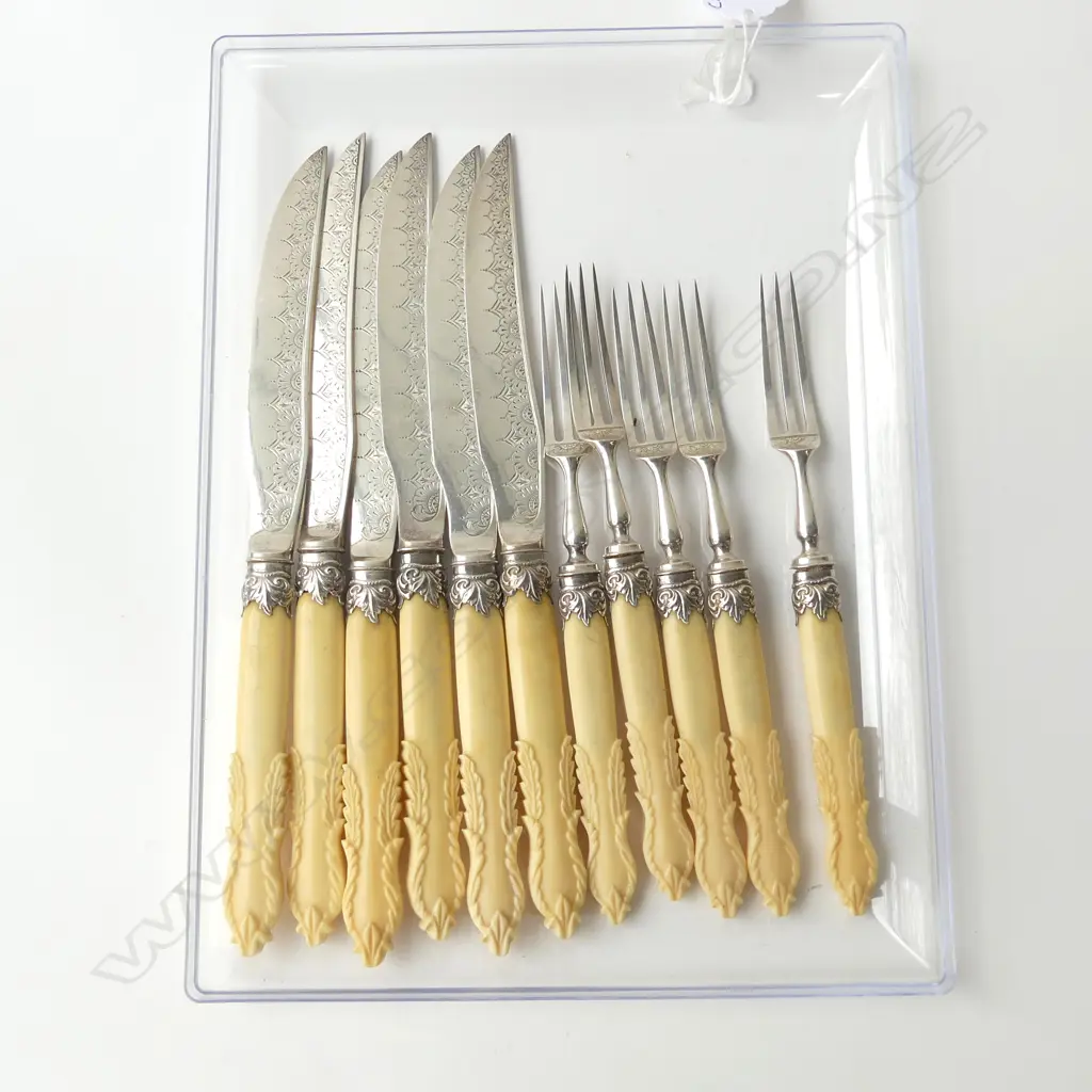 SOLID STG SILVER & IVORY 11PC CUTLERY SET BLADES & TYNES, SHEFFIELD 1854, L.215mm (KNIVES) Image 1++