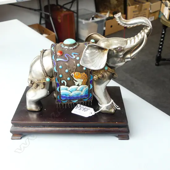 CHINESE SILVER & ENAMEL ELEPHANT L 230 mm