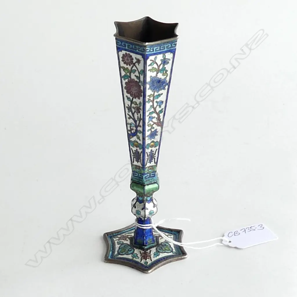 LATE CHING CHINESE SILVER & ENAMEL HEXAGONAL VASE FUJIAN CRAFT longevity symbols H.160mm Image 1++