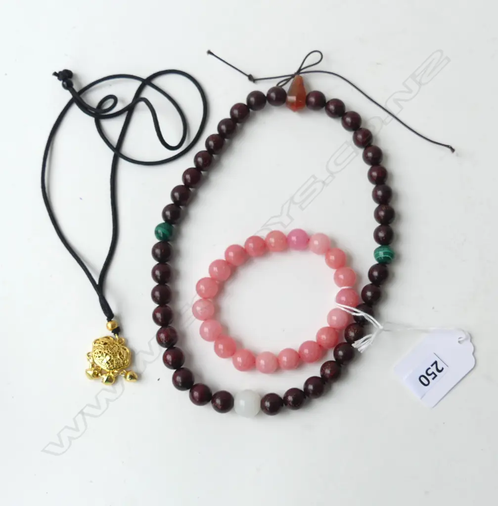 2 NECKLACES; PENDANT & WOODEN BEADS + PINK QUARTZ BRACELET  Image 1++