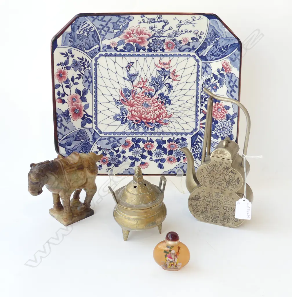 5 ORIENTAL PCES; B/W SQ PLATE 285x325mm, TEAPOT, INCENSE BURNER, SOAPSTONE HORSE, SNUFF BOTTLE Image 1++