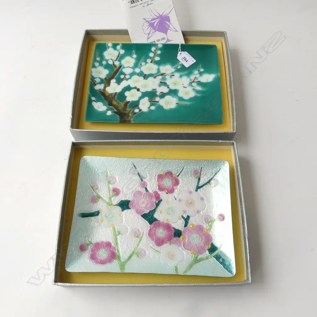 TWO VINTAGE JAPANESE ‘ANDO’ CLOISONNE TRAYS IN BOXES WITH PAMPHLET, 238 x 180mm Image 1++