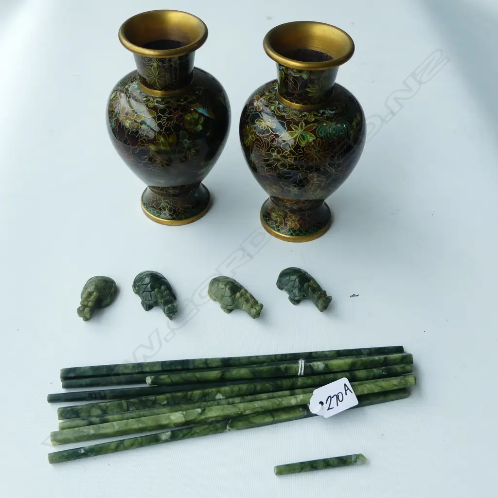 PR BROWN CLOISONNE VASES H.150mm, 4 PRS GREENSTONE CHOPSTICKS & RESTS Image 1++