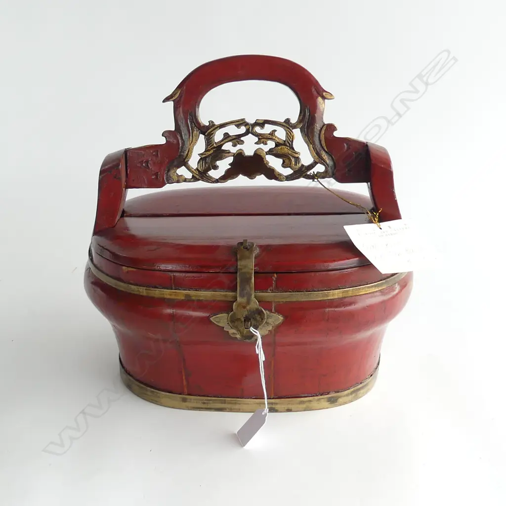 ANTIQUE ORIENTAL RED LACQUER LIDDED BASKET W.310mm Image 1++
