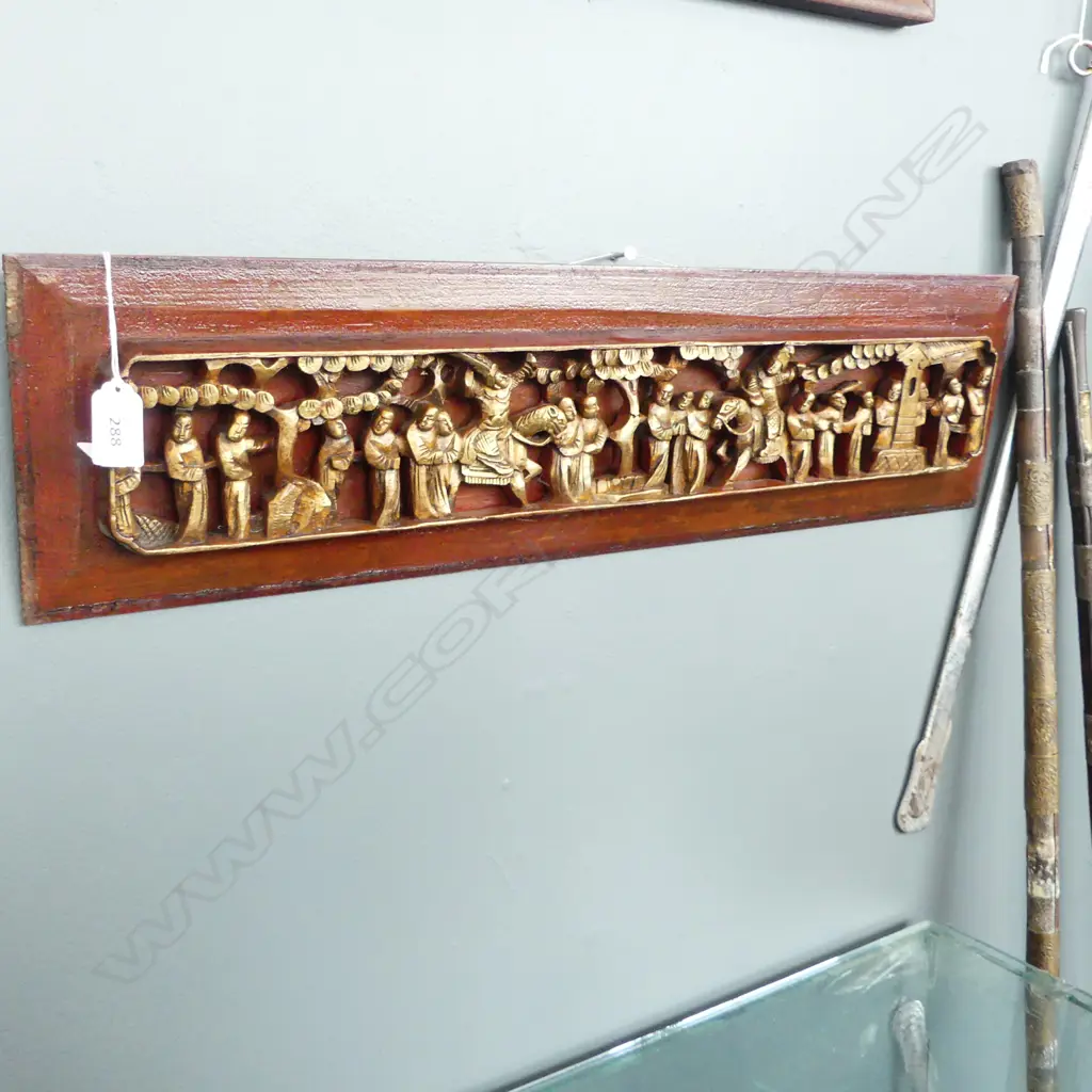 VINTAGE ORIENTAL CARVED WOODEN PANEL 165x645mm Image 1++