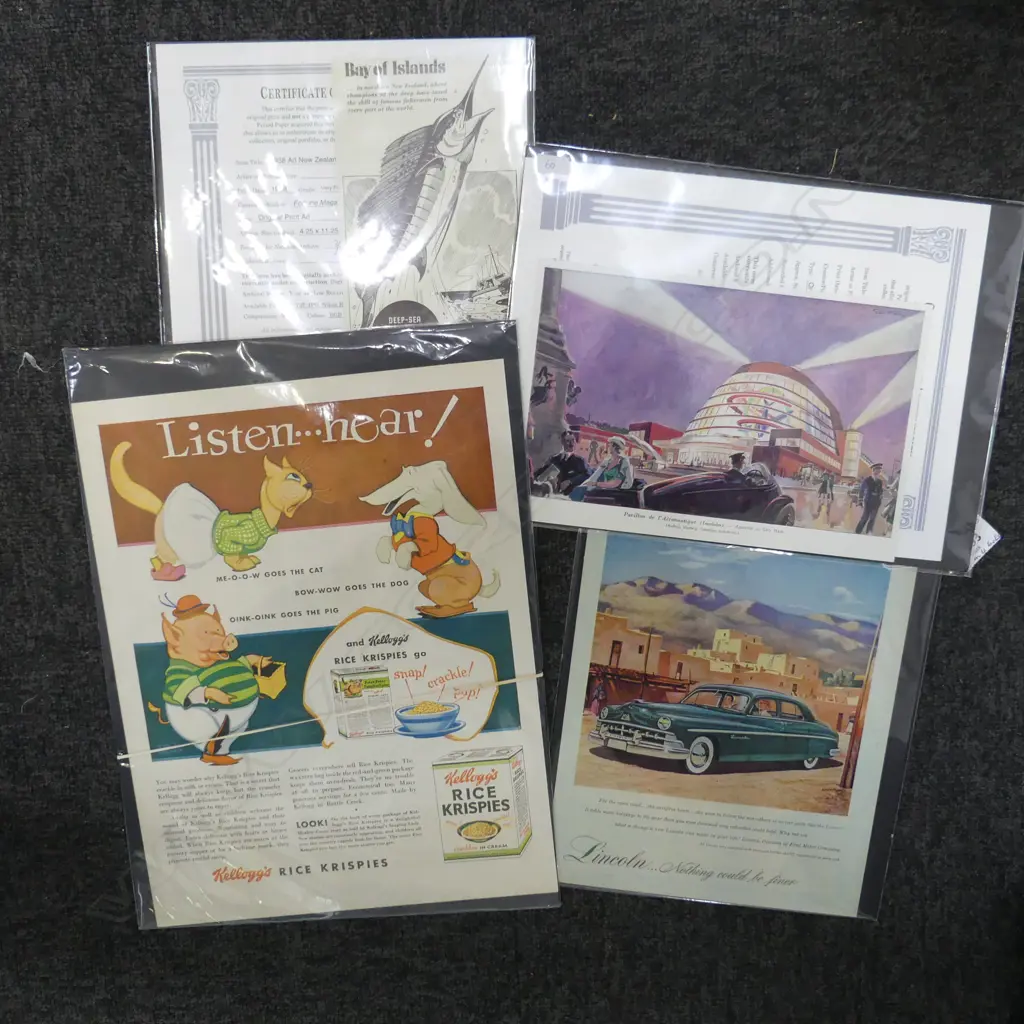 7 VINTAGE PRINTS (in 4 sleeves) some advertising: Kellogg's + Bay Of Islands + Lincoln + futuristic Image 1++