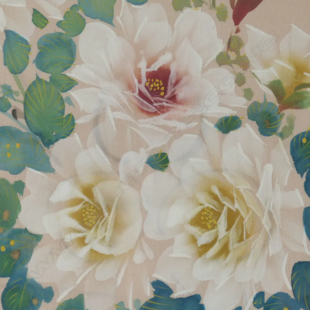 BIRD ON WILD ROSE BUSH, LARGE VINTAGE ACRYLIC ON SILK, 880 x 410mm Image 1++