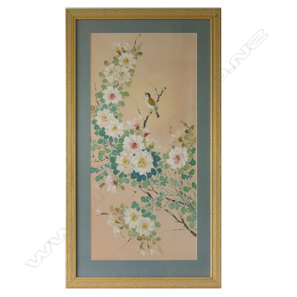 BIRD ON WILD ROSE BUSH, LARGE VINTAGE ACRYLIC ON SILK, 880 x 410mm Image 1++