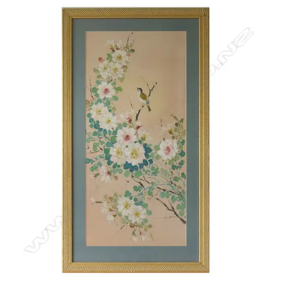 BIRD ON WILD ROSE BUSH, LARGE VINTAGE ACRYLIC ON SILK, 880 x 410mm