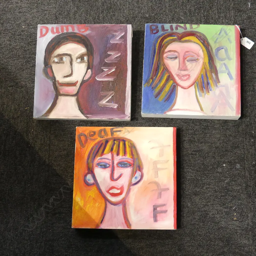 LEE FELTHAM TRIPTYCH 'DEAF / DUMB / BLIND' ACRYLIC ON CANVAS 250x250mm... Image 1++