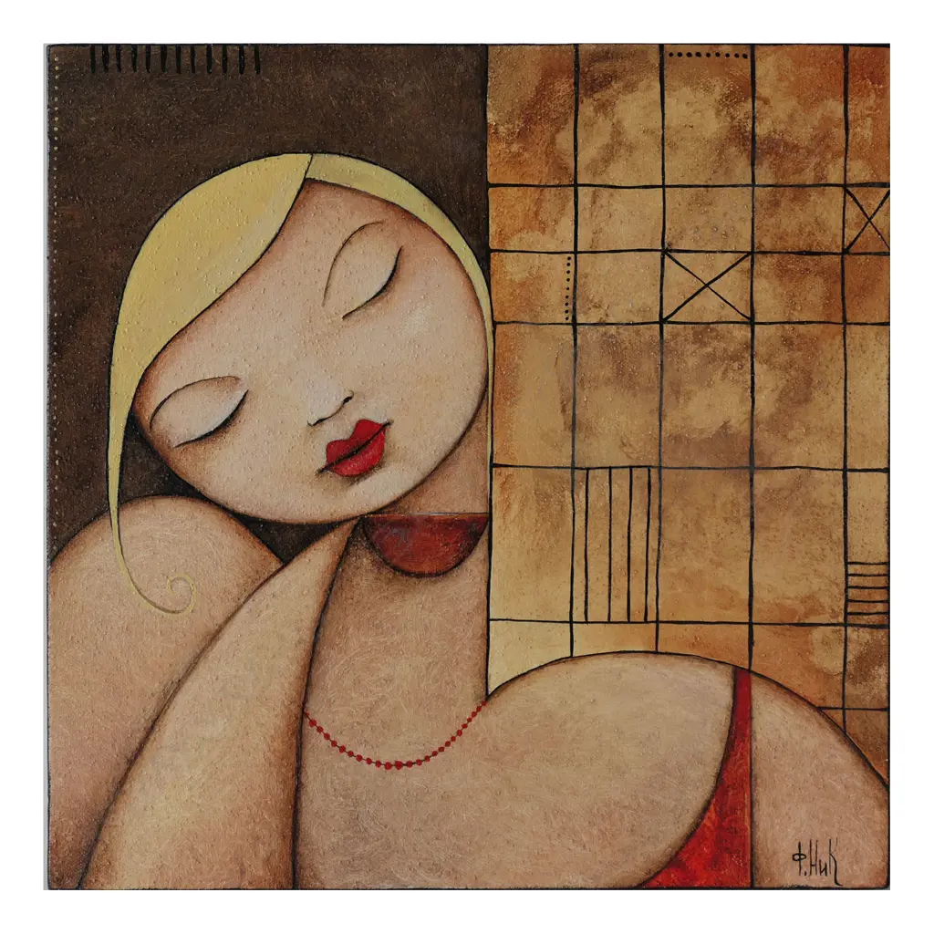 NICK FEDAEFF 'MADAME WITH COFFEE', ACRYLIC ON CANVAS, SIGNED & ORIG ARTIST TAG + PRICE $700), 380 x 380mm Image 1++